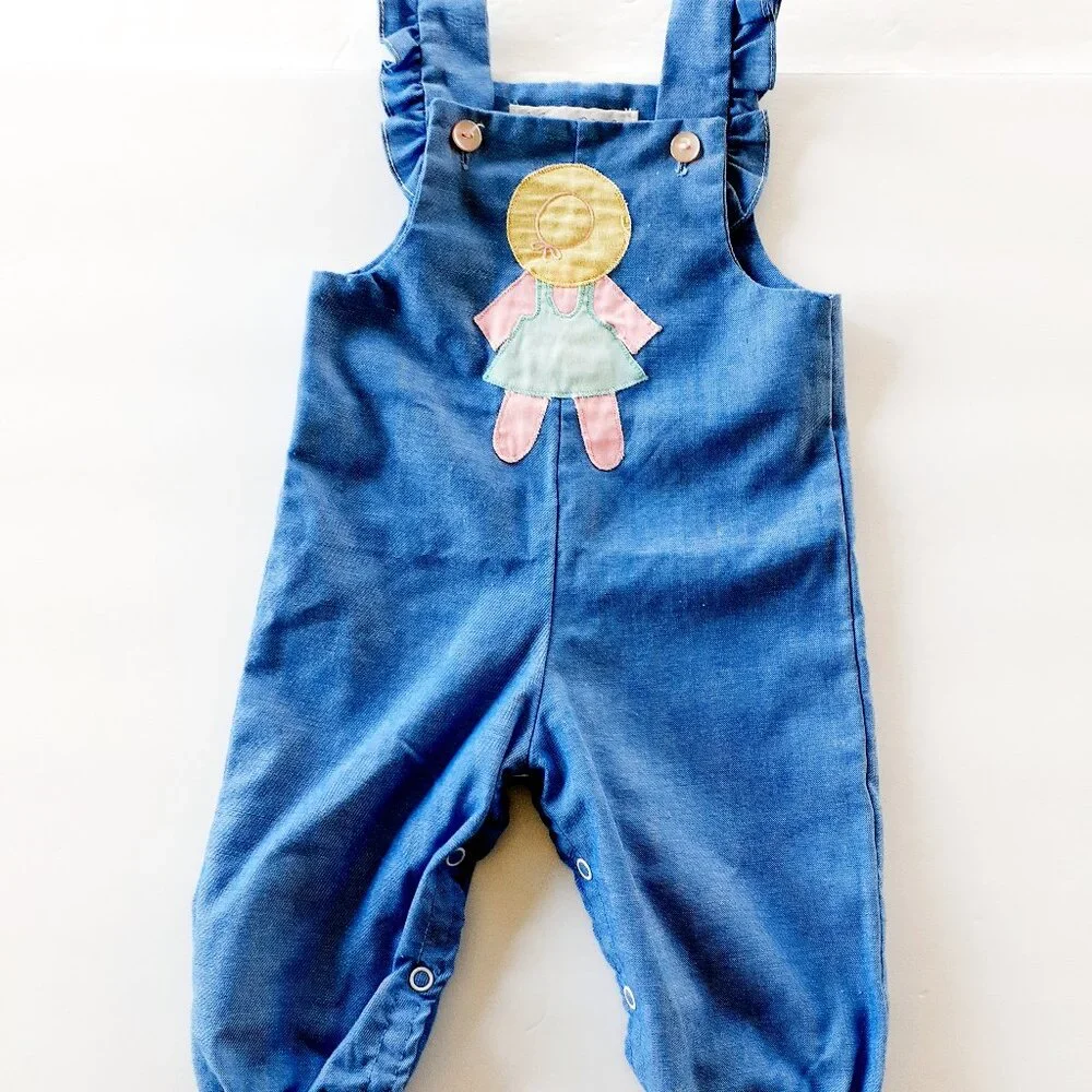 Vintage Girls Romper Overall Chambray Ruffle Maggie Mackall Blue Small 6 Months